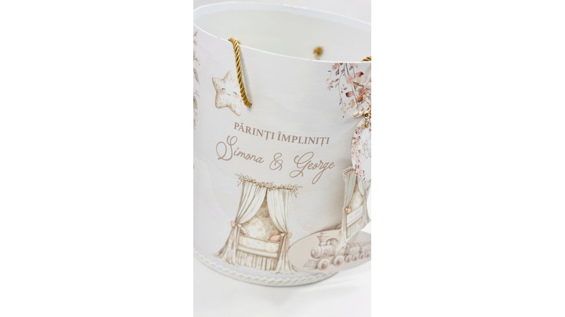 Trusou botez Nude Teddy Bear Toile de Jouy bej crem cu accente light pink și pattern floral vintage 24